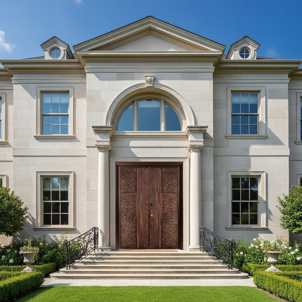 Handcrafted Steel Entry Door with Radiating Sunburst Panels – Woodgrain Centerline Design Model # C3DC1096