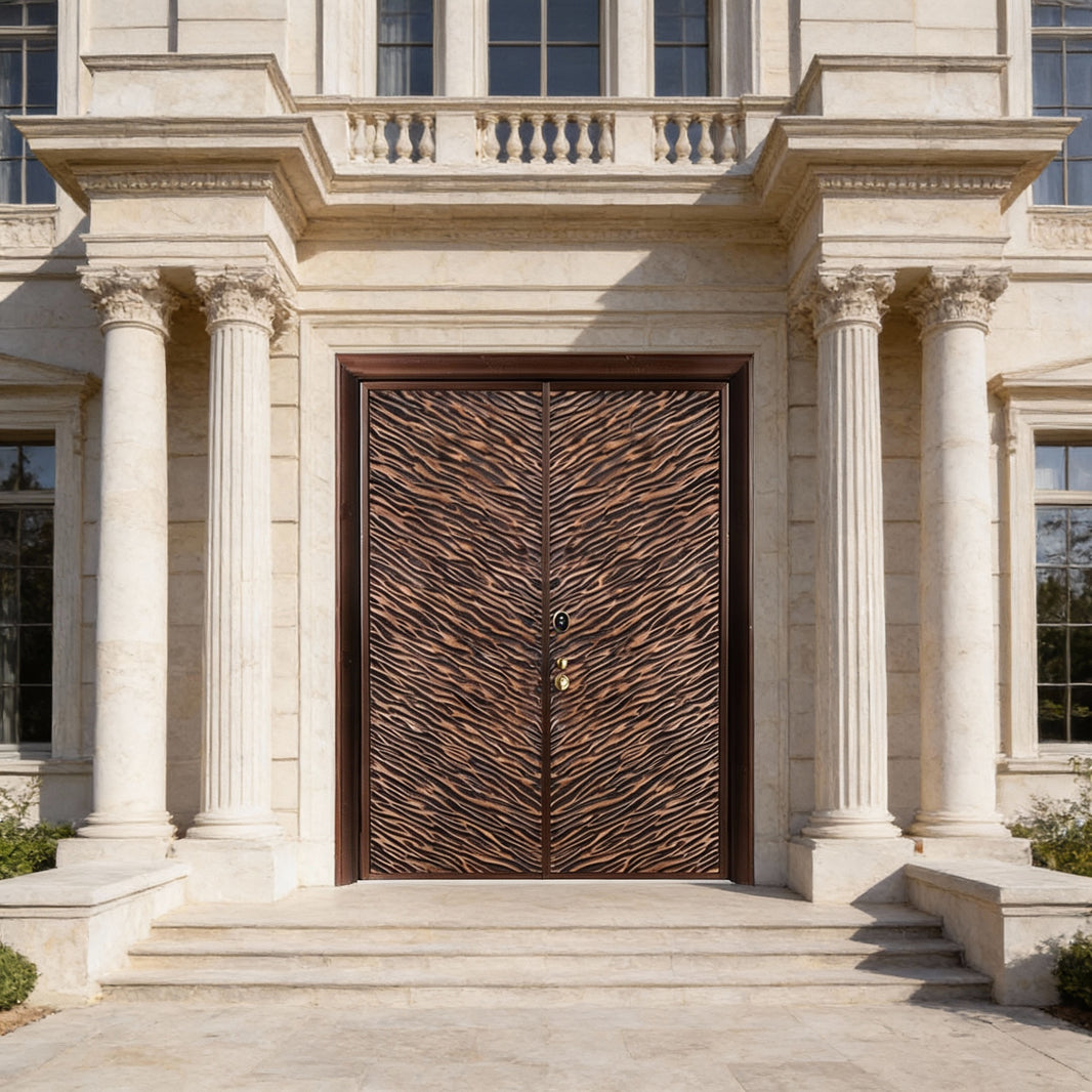 Handcrafted Steel Double Entry Door with Tiger Stripe Motif – Bold Animal-Inspired Design Model # C3DC1097