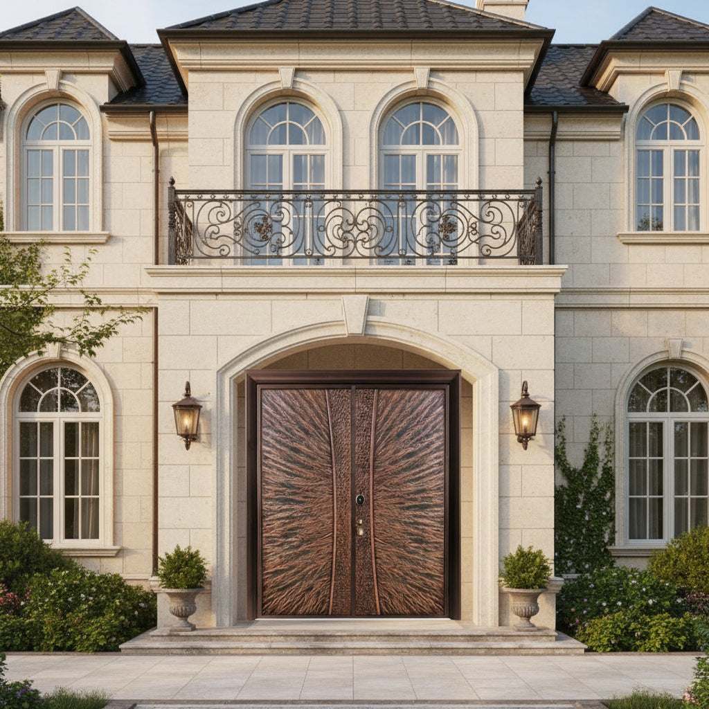Handcrafted Steel Double Entry Door with Feather-Flame Motif – Hammered Copper Centerline Model # C3DC1098
