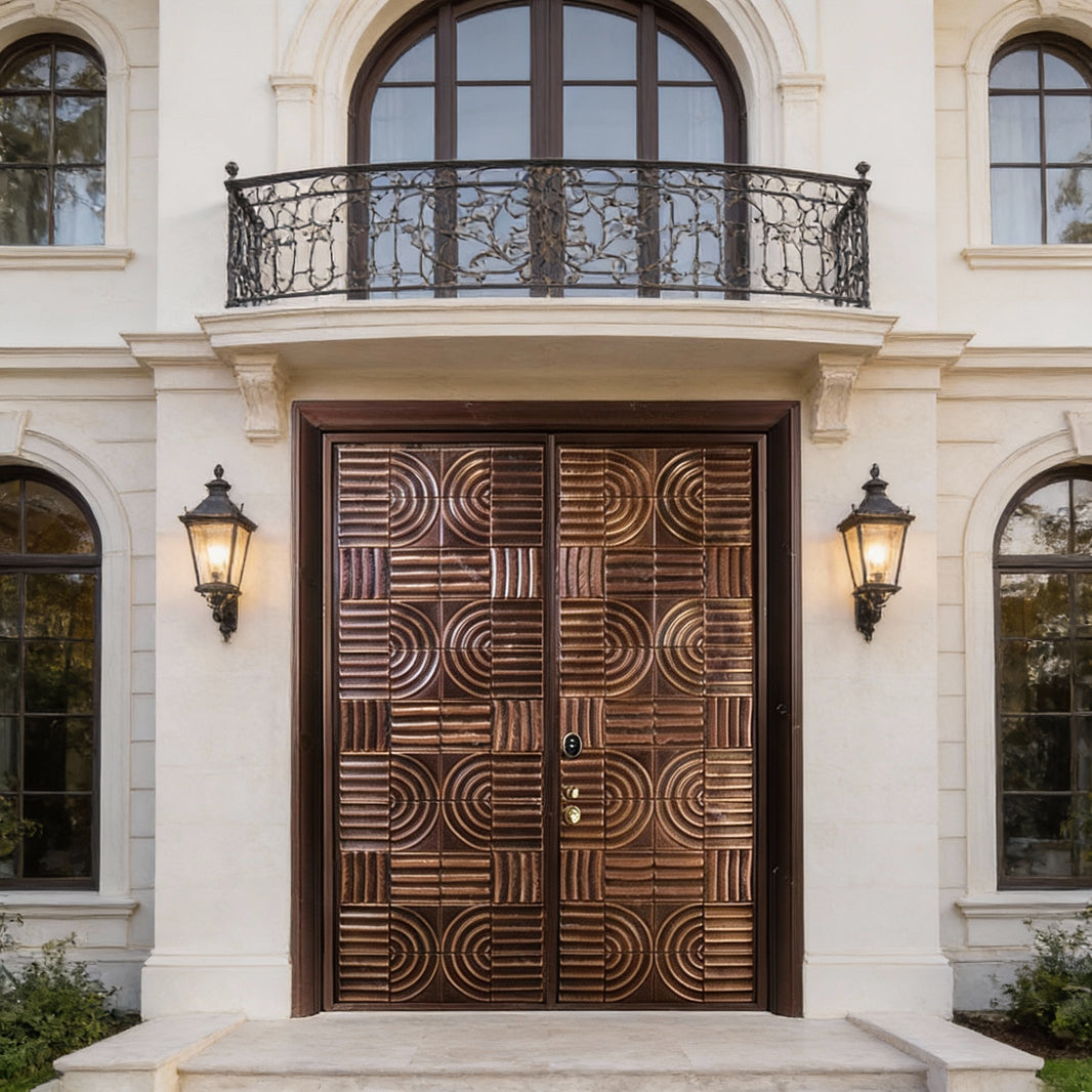 Handcrafted Steel Double Entry Door with Concentric Tile Grid – Geometric Bronze Pattern Model # C3DC1099