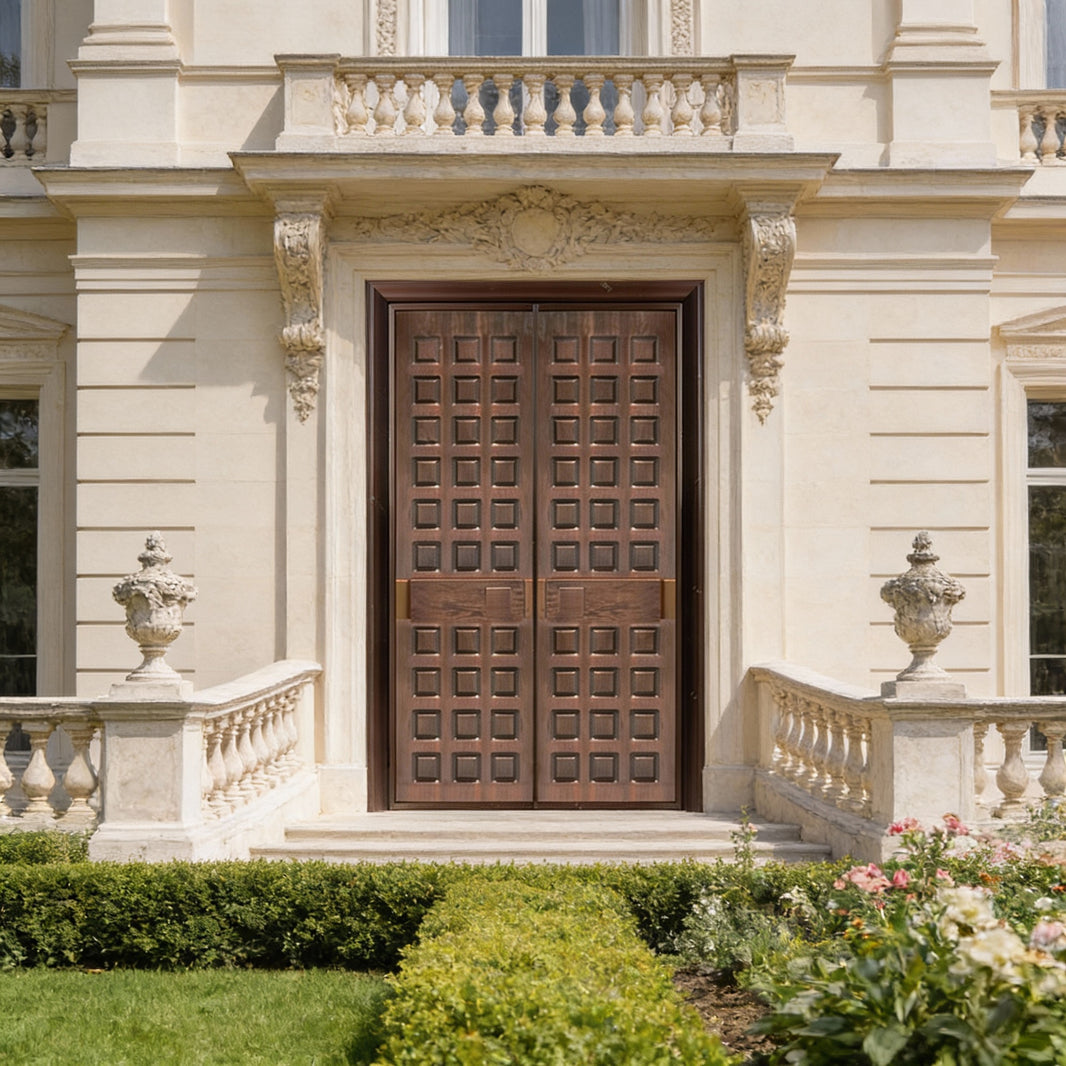 Handcrafted Steel Double Entry Door with Recessed Square Grid – Classic Geometric Design Model # C3DC1101