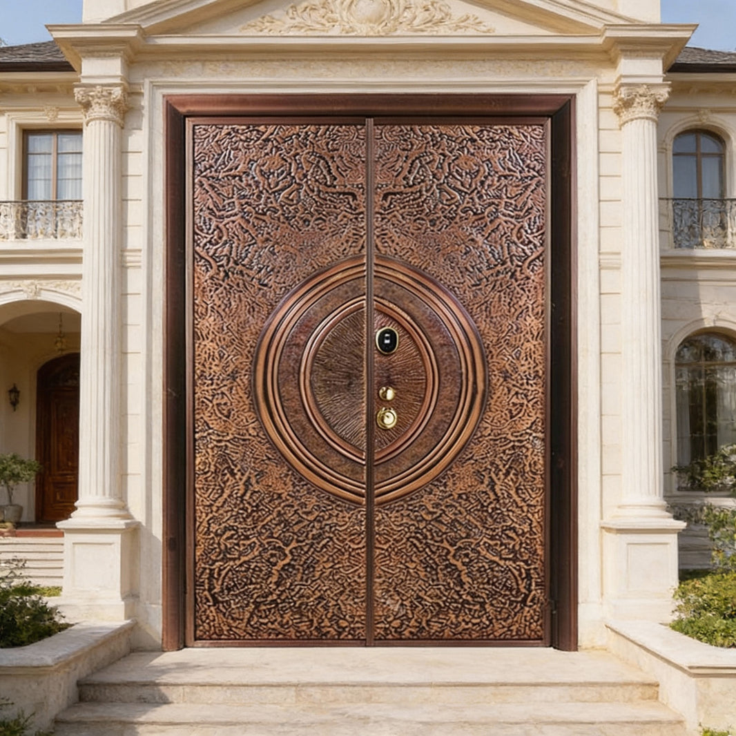 Handcrafted Steel Double Entry Door with Central Medallion – Abstract Bronze Surface Design Model # C3DC1102