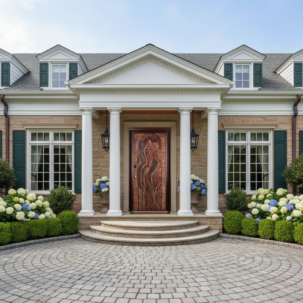 Handcrafted Steel Entry Door with Abstract Geometric-Carved Motif – Triangular & Circular Fusion Model # C3DC1104