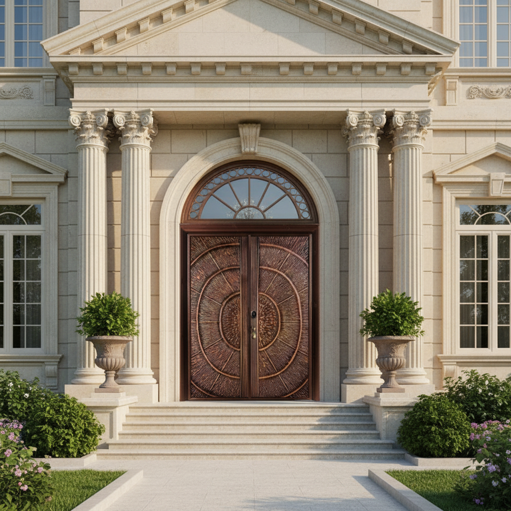 Handcrafted Steel Double Entry Door with Concentric Circle Motif – Bronze Textured Finish Model # C3DC1105