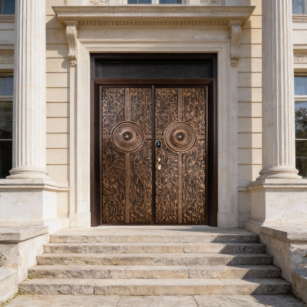 Handcrafted Steel Double Entry Door with Floral Medallions – Greek Key Bronze Composition Model # C3DC1107