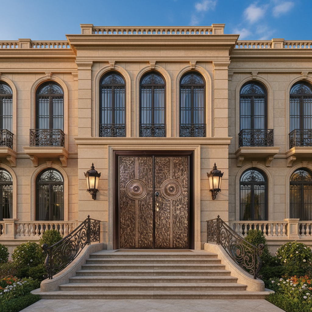 Handcrafted Steel Double Entry Door with Layered Concentric Medallion – Textured Woodgrain Bronze Finish Model # C3DC1108