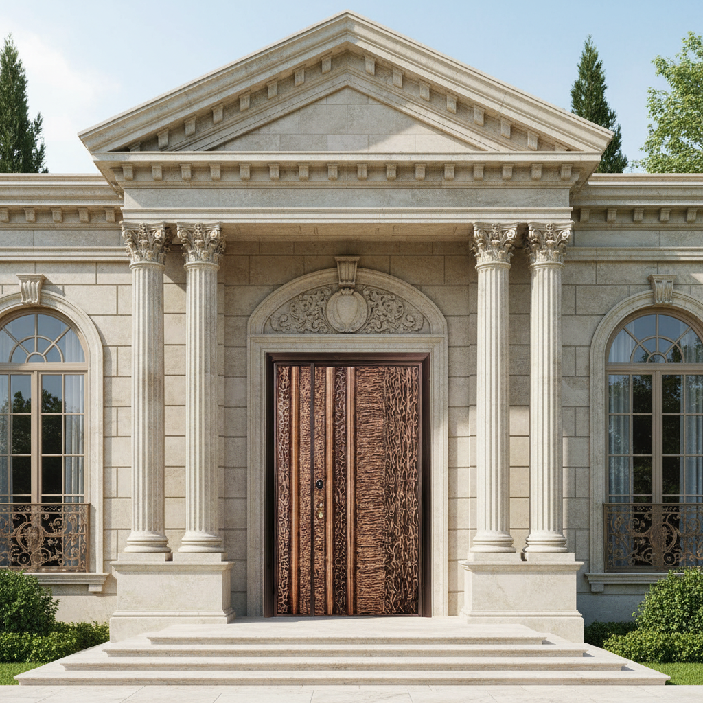 Handcrafted Steel Entry Door with Vertical Abstract Panels – Copper-Bronze Textured Finish  Model # C3DC1109