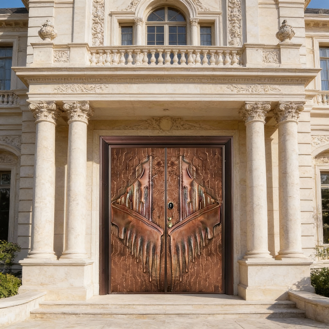 Handcrafted Steel Double Entry Door with Melting Wing Motif – Multitone Bronze Fantasy Finish  Model # C3DC1110