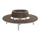A modern round outdoor fire pit table with a dark brown slatted seat and a matching cylindrical fire pit surround, supported by a silver metal frame on a white background.