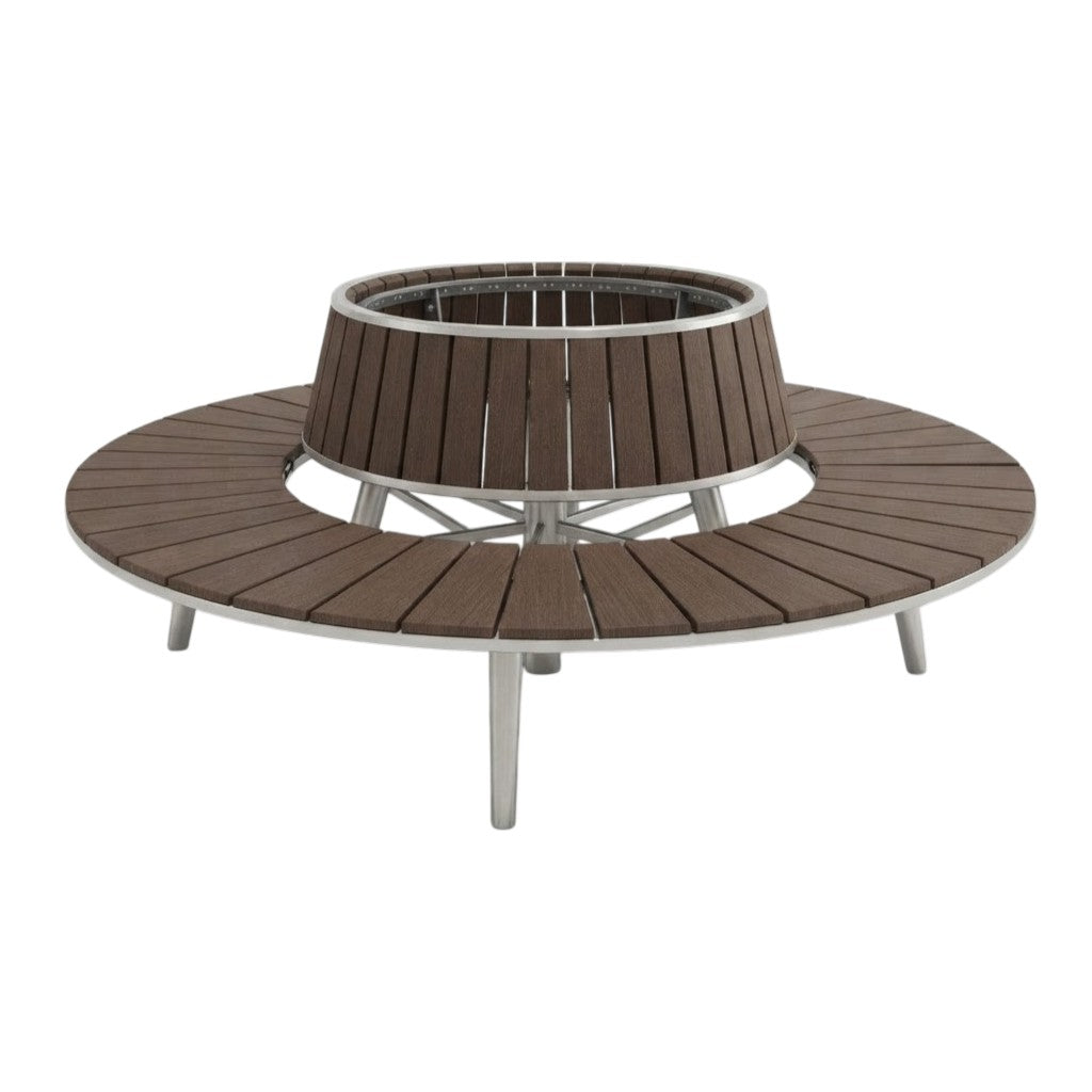 A modern round outdoor fire pit table with a dark brown slatted seat and a matching cylindrical fire pit surround, supported by a silver metal frame on a white background.