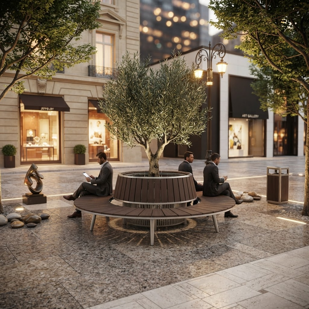 A modern outdoor plaza scene at dusk with a large round wooden bench centered around a tree, several people sitting and reading, storefront buildings in the background, and warm streetlights.