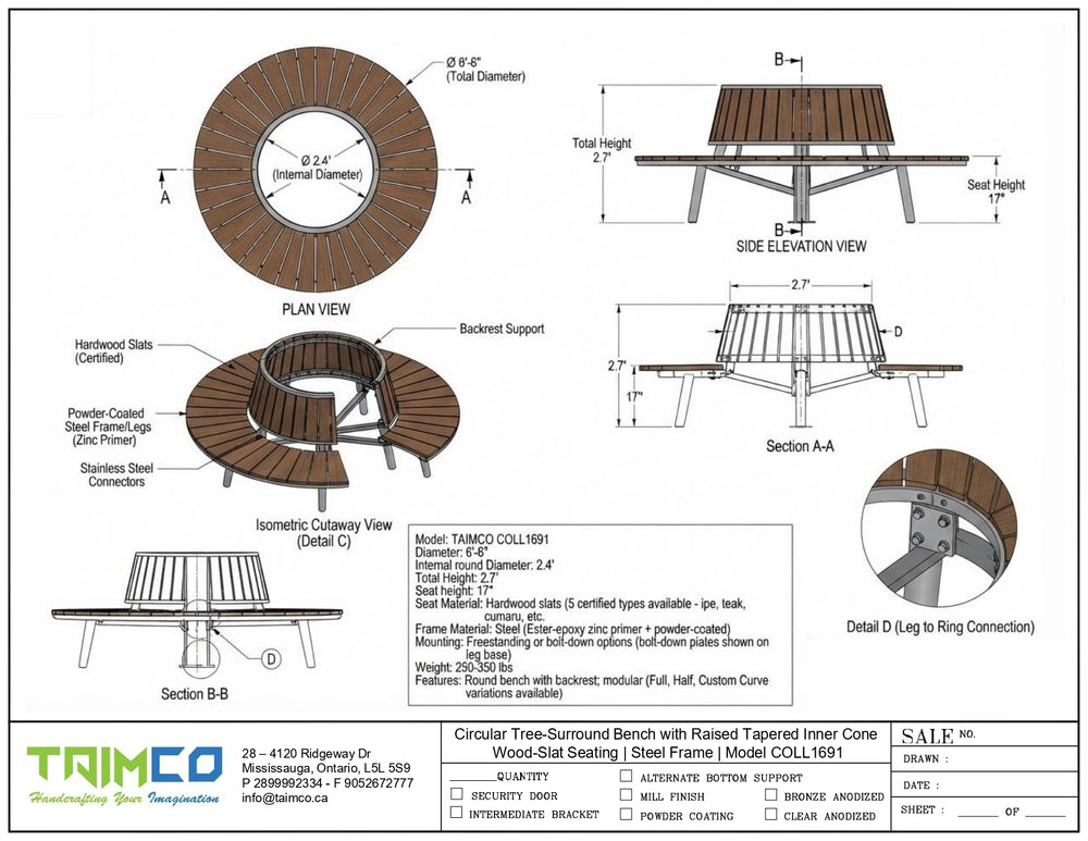 Technical specification sheet and dimension diagram for a circular tree-surround bench by Taimco, showing multiple labeled views including plan view, side elevation view, isometric outway view, section A-A, and detail views with measurements.