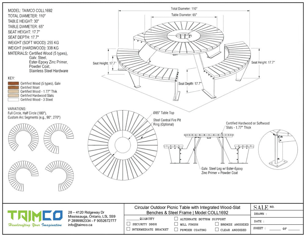 Technical specification sheet and dimension drawing for the Taimco Circular Wood Slat Outdoor Picnic Table  showing front, top, and side views with measurements, materials, and a color key on a white background.