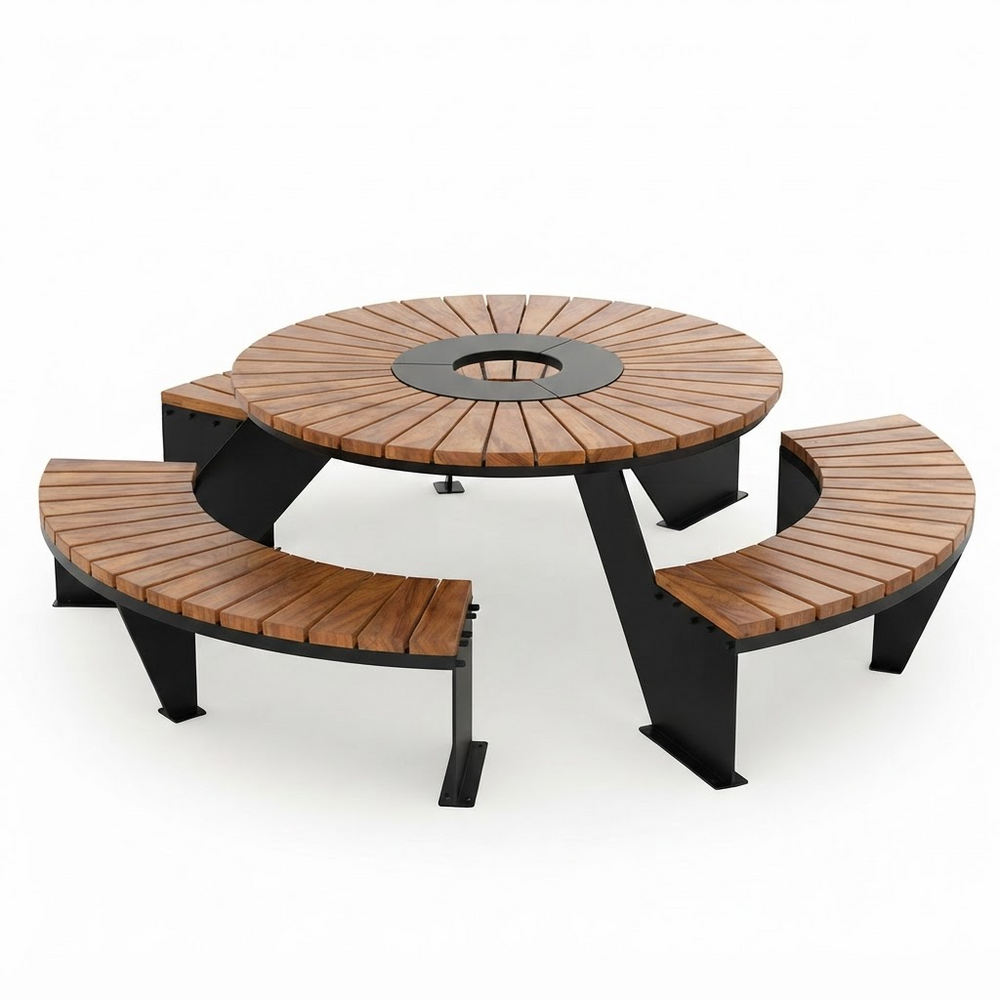 Round outdoor picnic table with curved bench seating, featuring a wood-look slatted top and backrest with black metal frame structure, shown on a white background.