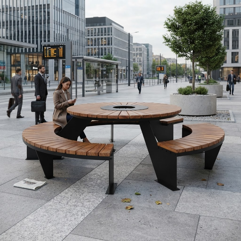 A modern outdoor round fire pit table with curved wooden benches in a city plaza. A woman sits on the left bench, looking at her phone, while people walk in the background between tall glass office buildings.