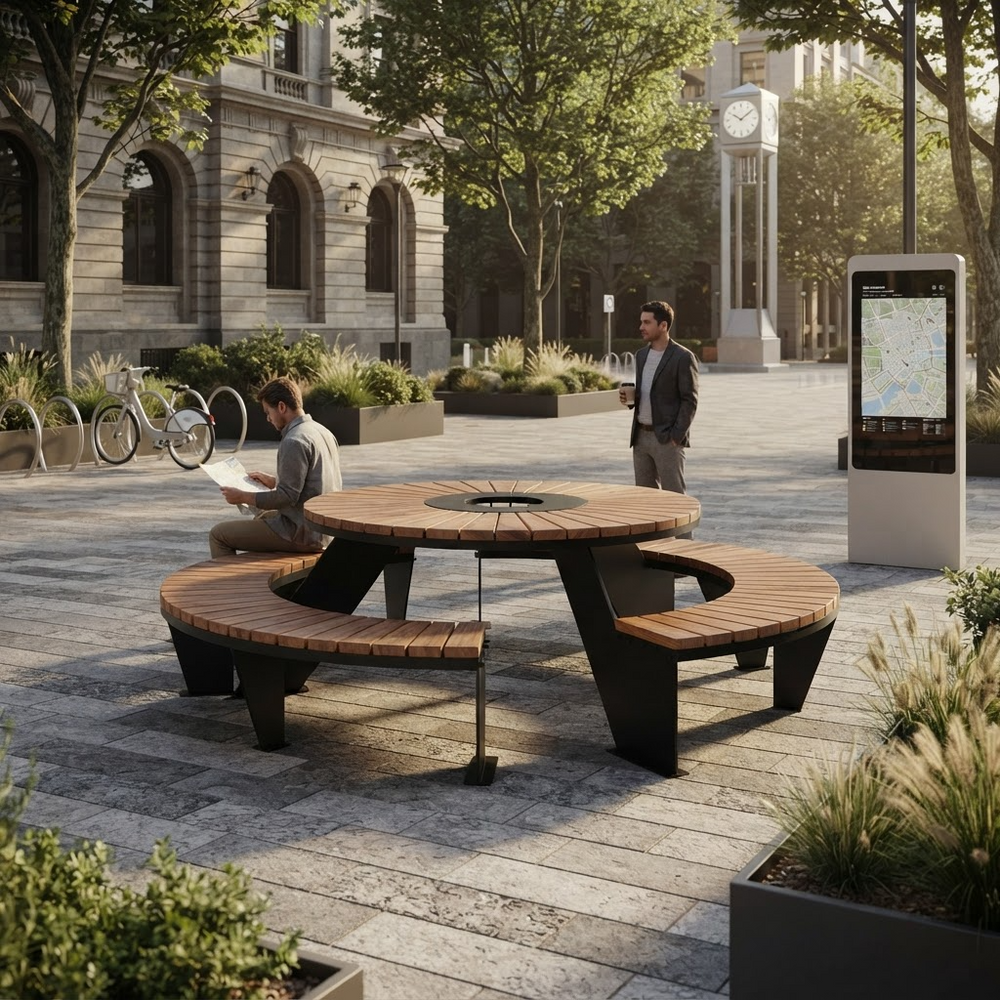 A modern outdoor round picnic table with curved wooden benches in a city plaza. Two people are seated at the table, one reading a newspaper and the other standing nearby, while a large digital kiosk displaying a map stands to the right.