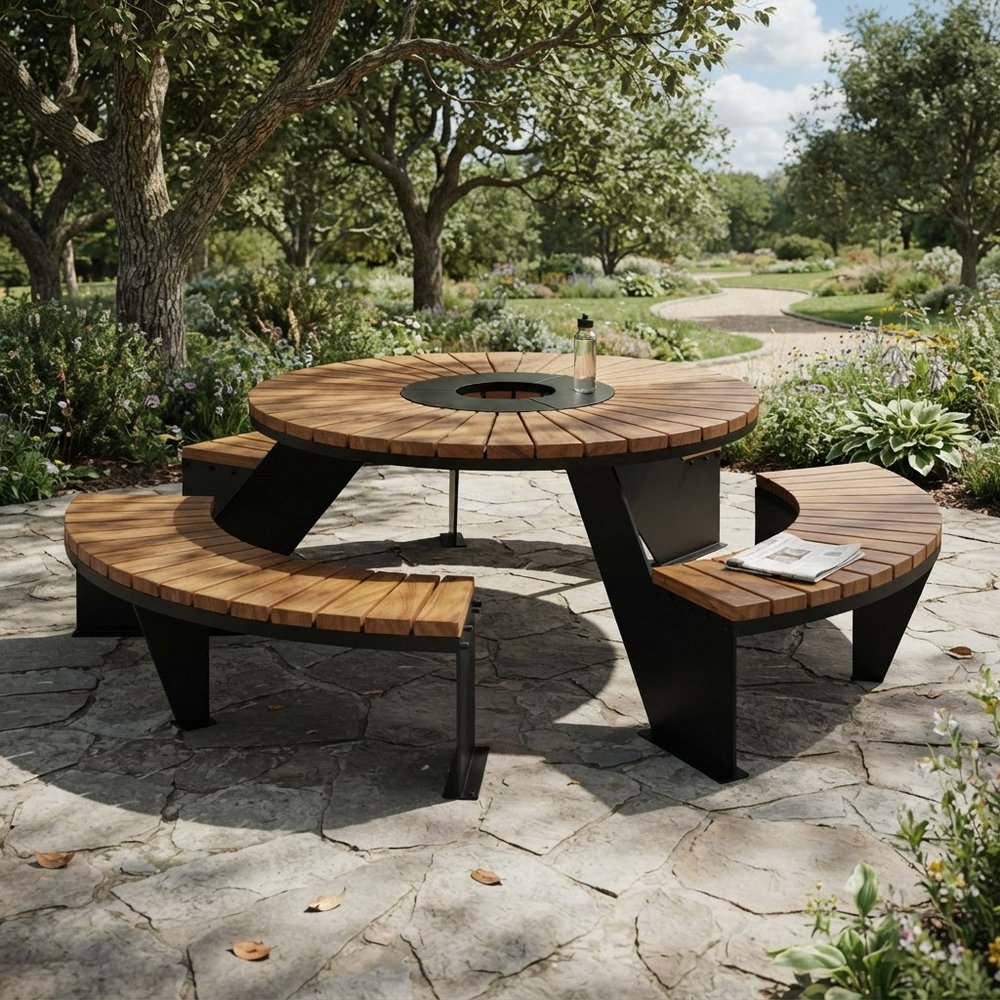 Outdoor round wooden fire pit table with curved wooden benches on a stone patio in a landscaped garden setting.