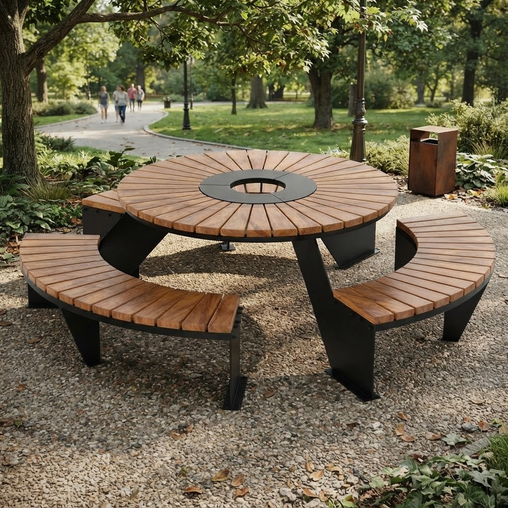Round outdoor picnic table with curved bench seating in a park setting. The table and benches feature warm brown wood-look slats with black metal frames and legs.