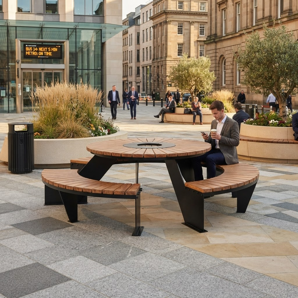 A modern round outdoor patio dining table with integrated curved wooden benches, shown in a real urban plaza with people sitting and walking nearby. The table has a dark metal frame and a circular fire pit opening in the center, set on a paved plaza with buildings and planters in the background.