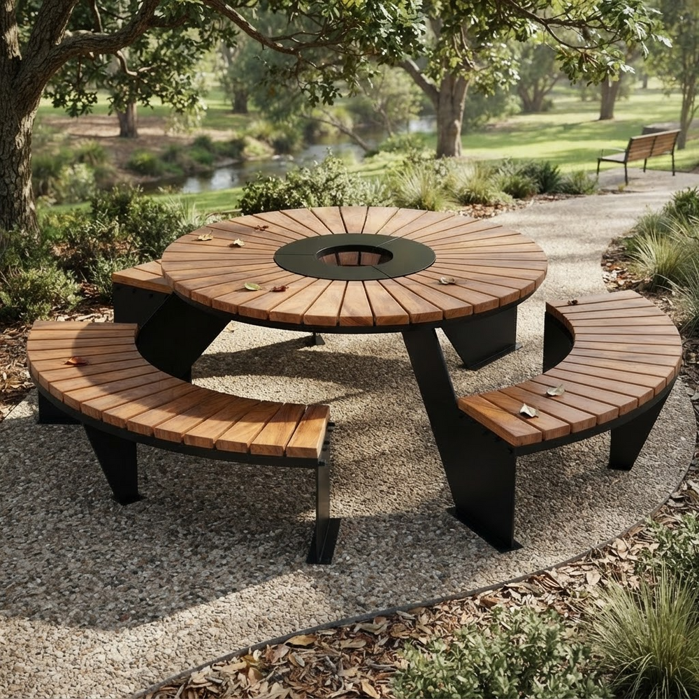 Round outdoor picnic table with curved bench seating, shown in a park-like setting with gravel ground, trees, and a distant bench.