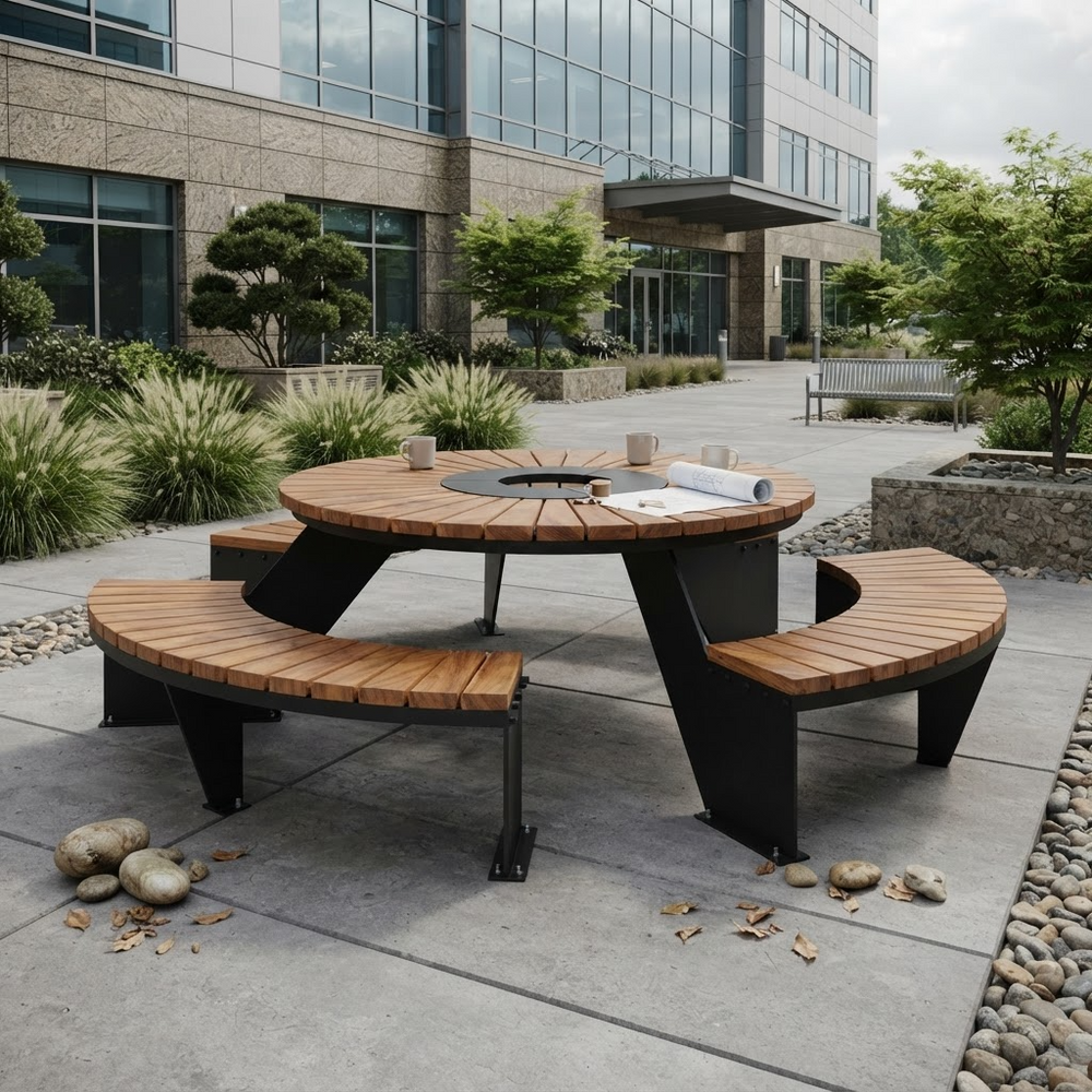 Outdoor round patio dining table with curved wooden benches and a black metal frame, set on a concrete plaza in front of a modern glass building.