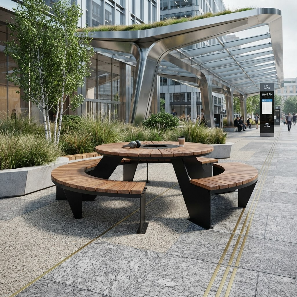 A modern outdoor dining set featuring a round wooden-top table with a dark metal frame and two curved bench seating pieces, placed in a landscaped urban walkway with plants and a glass-roofed structure in the background.