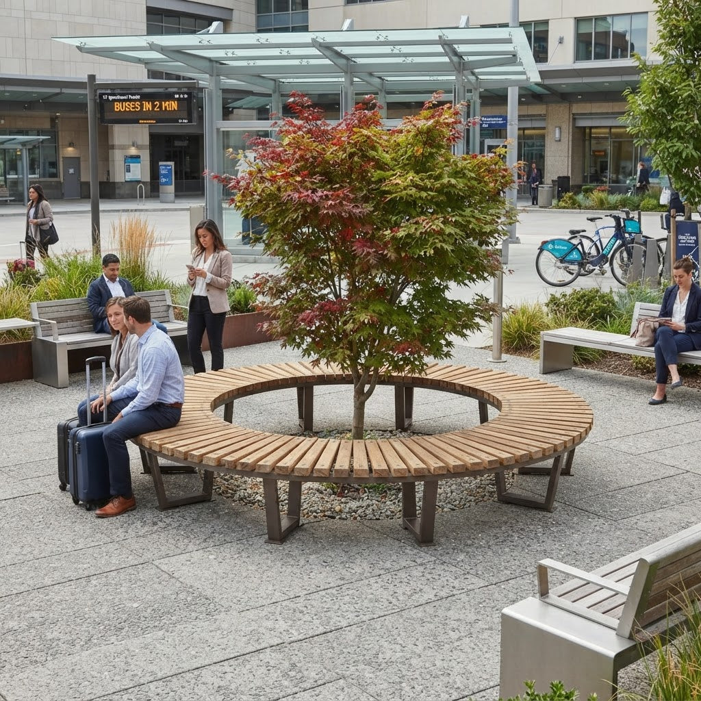 A modern outdoor plaza with a circular wooden bench integrated around a small tree, with people sitting and standing nearby in a city setting.