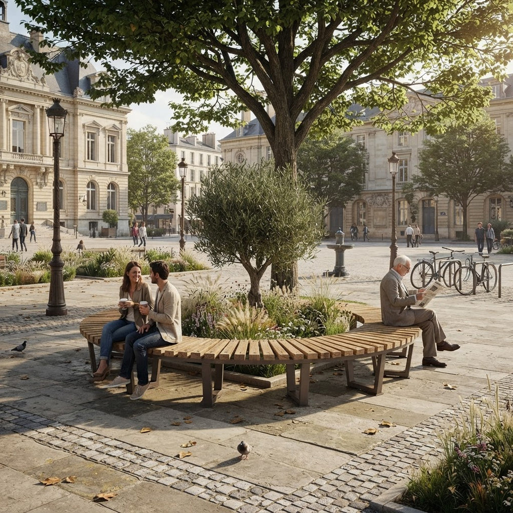 A modern curved wooden park bench in a sunny urban plaza, with people sitting and reading under a large tree. The background features classic European-style buildings, other trees, and a few bicycles.
