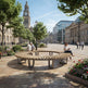 A large circular wooden park bench in a city plaza, with people sitting and walking nearby, trees, flowers, and historic buildings in the background.