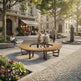 A modern circular wooden park bench with integrated armrests in a sunny urban plaza, with several people sitting and walking around it.