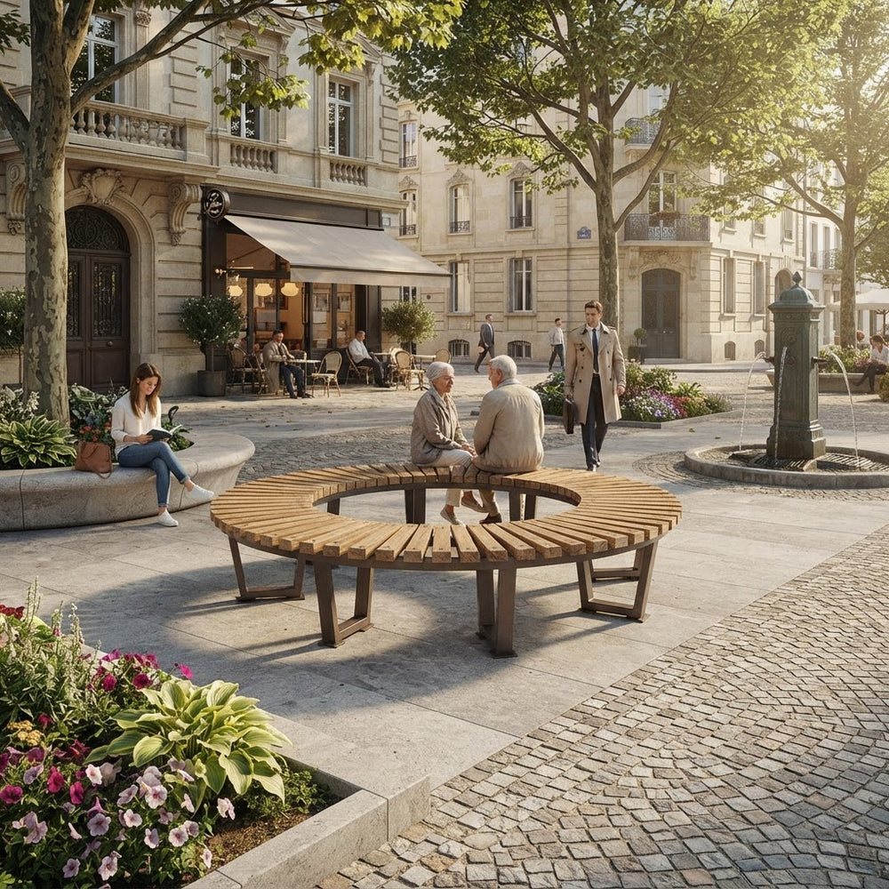 A modern circular wooden park bench with integrated armrests in a sunny urban plaza, with several people sitting and walking around it.