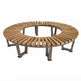 A round outdoor bench with a natural wood slatted seat and a dark metal frame, shown on a plain white background.