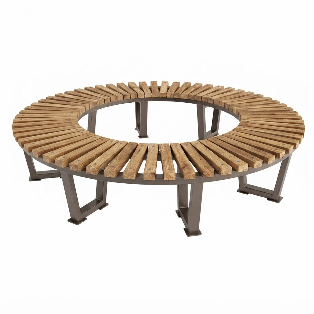A round outdoor bench with a natural wood slatted seat and a dark metal frame, shown on a plain white background.