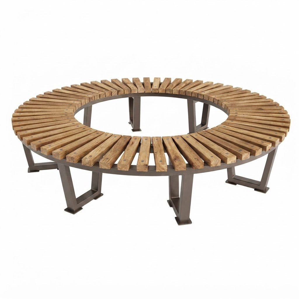A round outdoor bench with a natural wood slatted seat and a dark metal frame, shown on a plain white background.