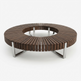 A round outdoor seating table with dark brown wooden slats and a silver metal frame, shown on a clean white background.