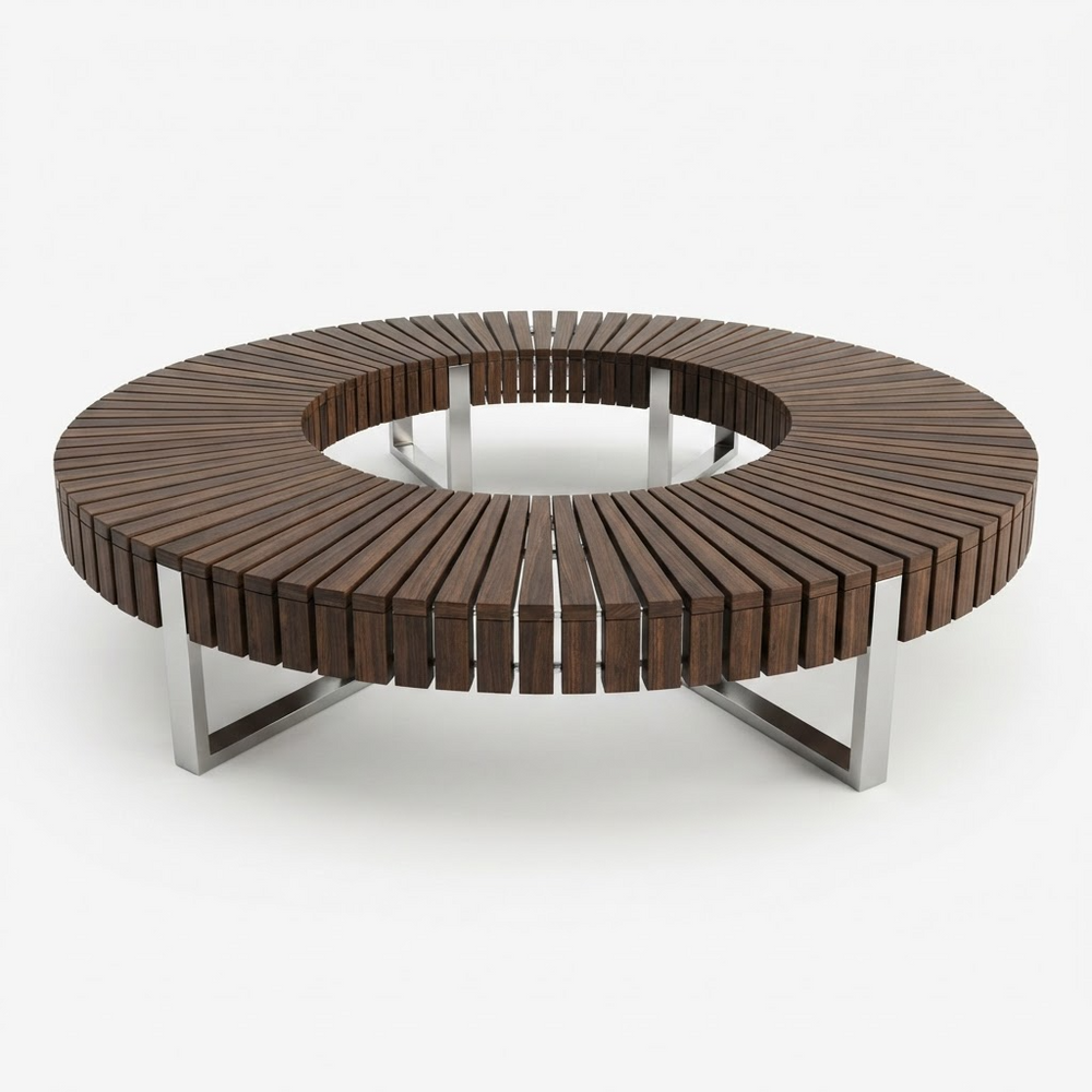 A round outdoor seating table with dark brown wooden slats and a silver metal frame, shown on a clean white background.