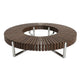 A round outdoor bistro table with a dark brown slatted wooden seat and a silver metal frame, shown against a plain white background.