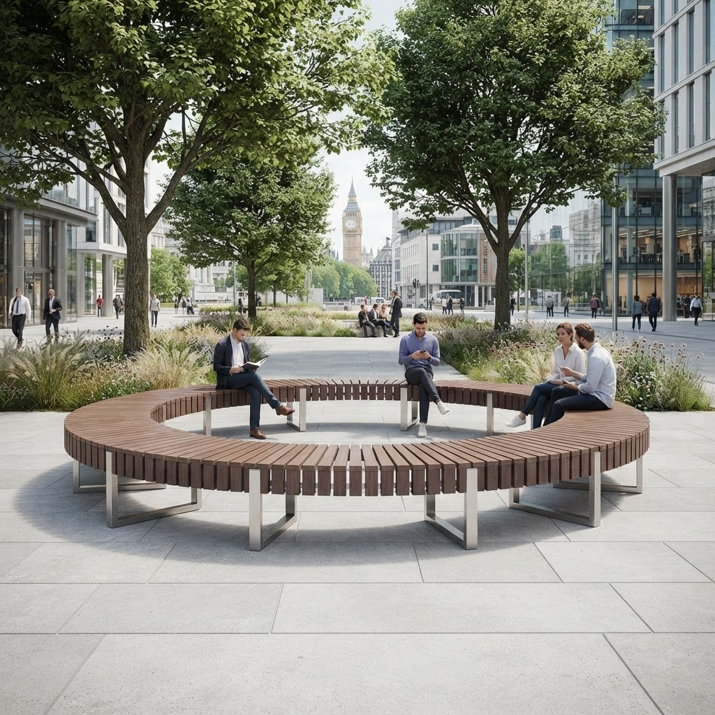 A large curved wooden bench with metal legs in an urban plaza, with several people sitting and reading or talking. Trees, buildings, and a city square are visible in the background.