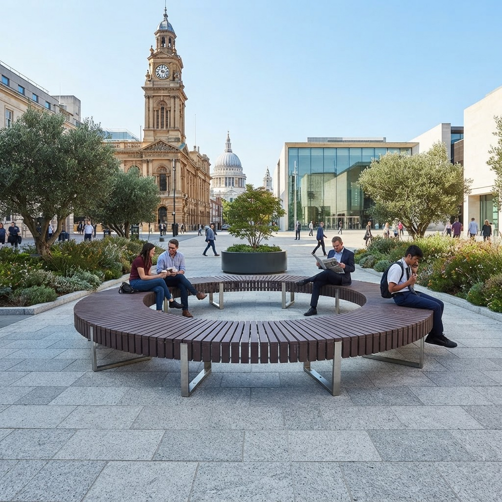 A large outdoor circular wooden bench with metal legs in a public plaza, with several people sitting and using it. Trees, modern glass buildings, and a historic clock tower are visible in the background under a clear blue sky.