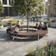 A curved outdoor wooden bench with a tree in the center, shown in a modern plaza setting with several people sitting and reading. The bench has a dark brown wood-look slatted seat and light gray metal frame.