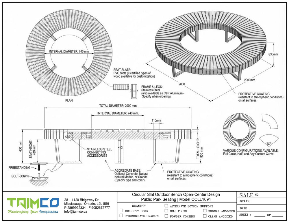 Technical specification sheet and dimension drawing for a circular steel outdoor bench open-center design by Taimco, showing plan, section, and detail views with measurements and material notes.