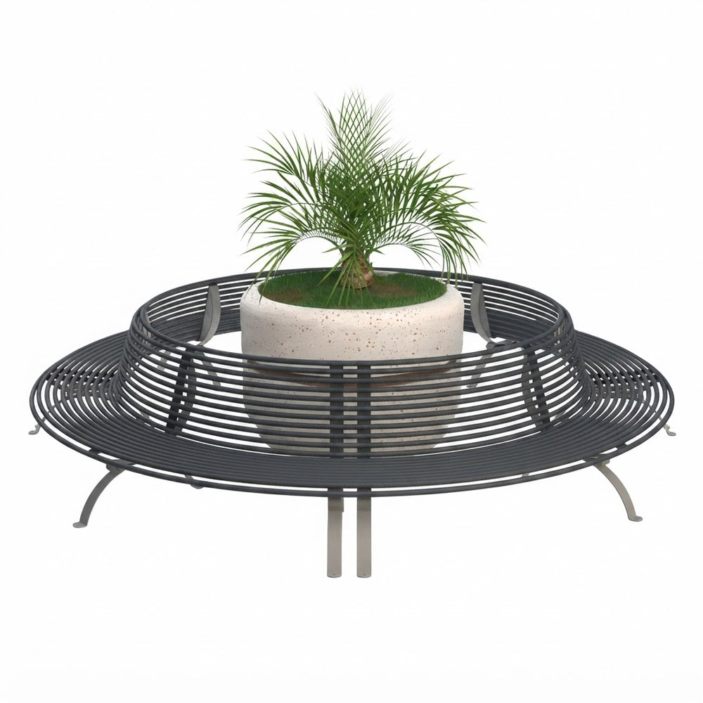 A round black metal slatted bench with a central planter holding a small green palm-like plant, shown on a plain white background.