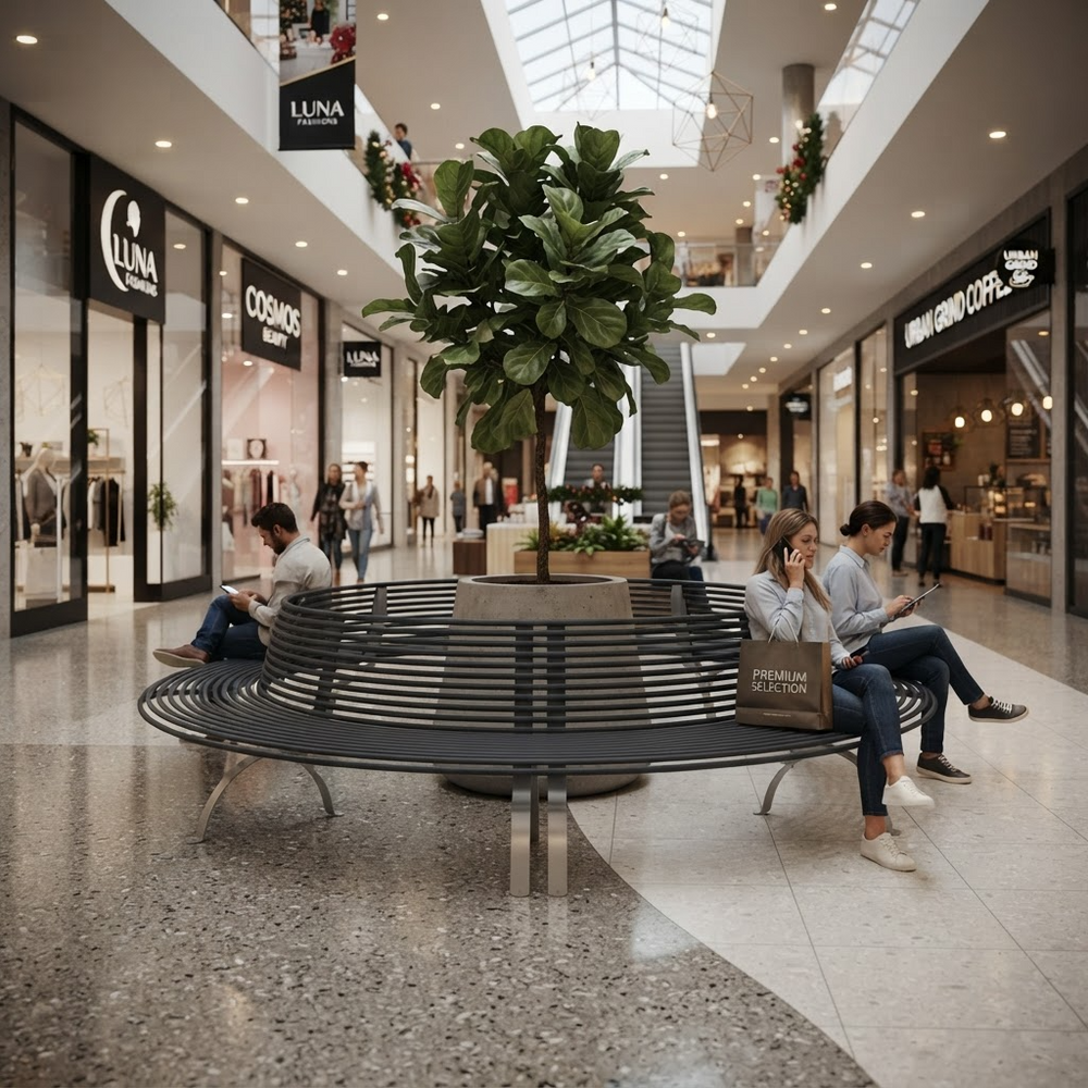 A modern curved black bench with a central planter holding a large green tree, situated in a bright, multi-level shopping mall atrium. Several people are sitting on the bench, and surrounding storefronts like LUNA and COSMOS are visible in the background.