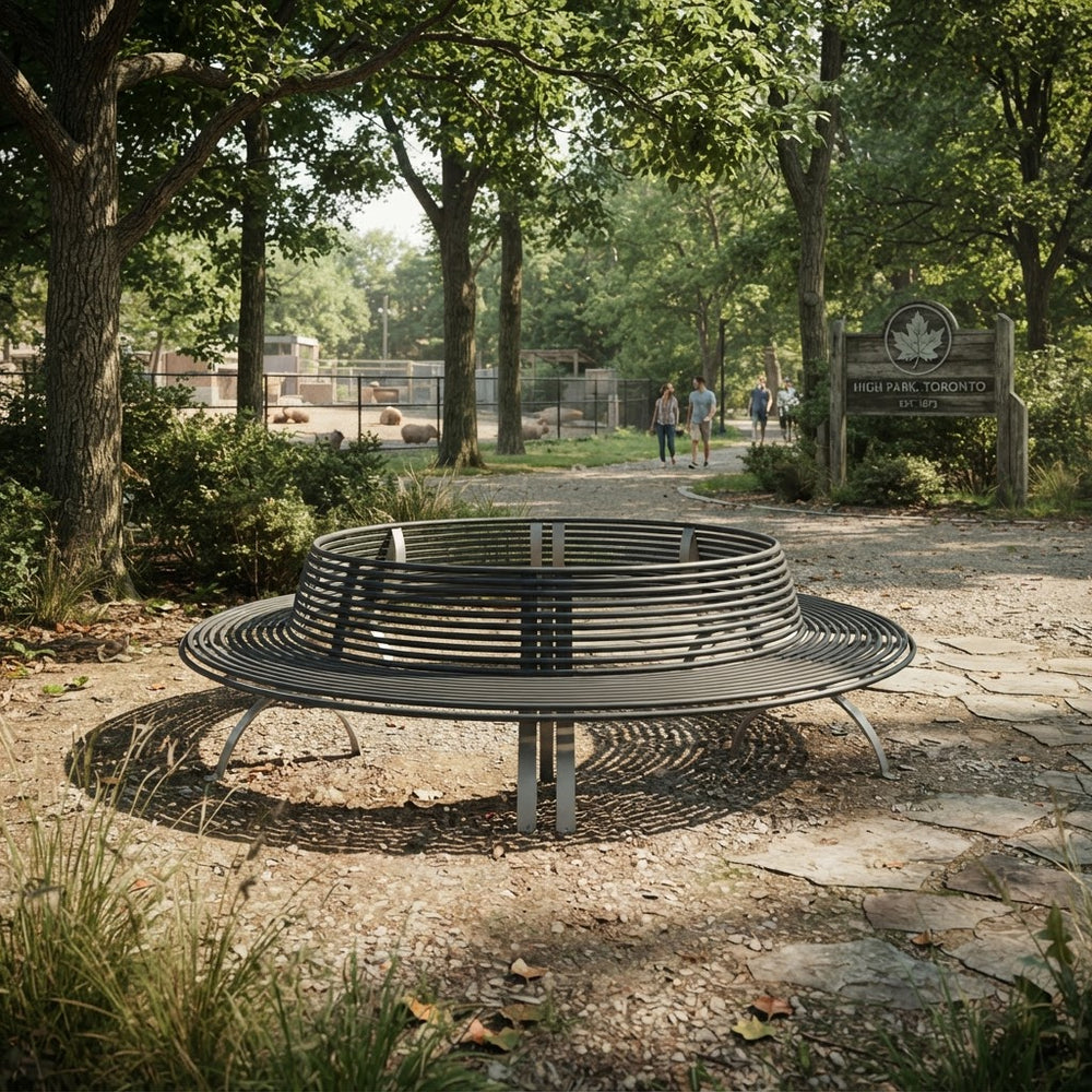 A round metal fire pit bench with a slatted circular design, situated on a stone path in a wooded park setting with trees and a sign in the background.