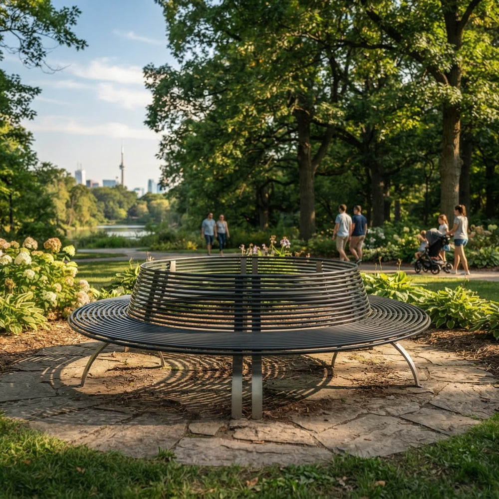 A modern circular metal park bench with a slatted back and seat, situated on a stone patio in a lush green park with people walking in the background.