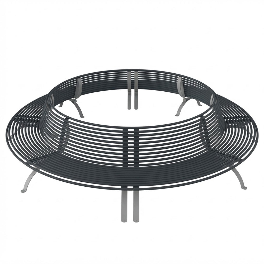 A round outdoor fire pit table with a dark gray metal slatted seat and silver-colored legs, shown on a solid white background.