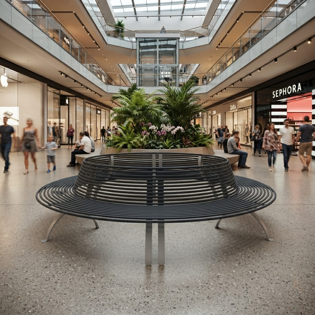 A modern circular outdoor-style bench with curved black slats and silver legs, placed in a large indoor shopping mall atrium with people walking around and plants in the background.
