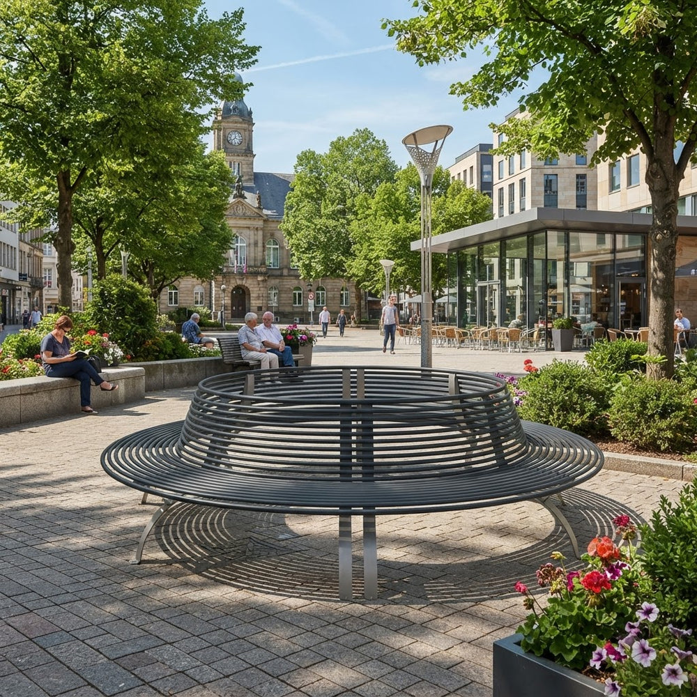 A modern circular metal park bench in a paved town square, surrounded by trees, flowers, and people sitting and walking in the background.