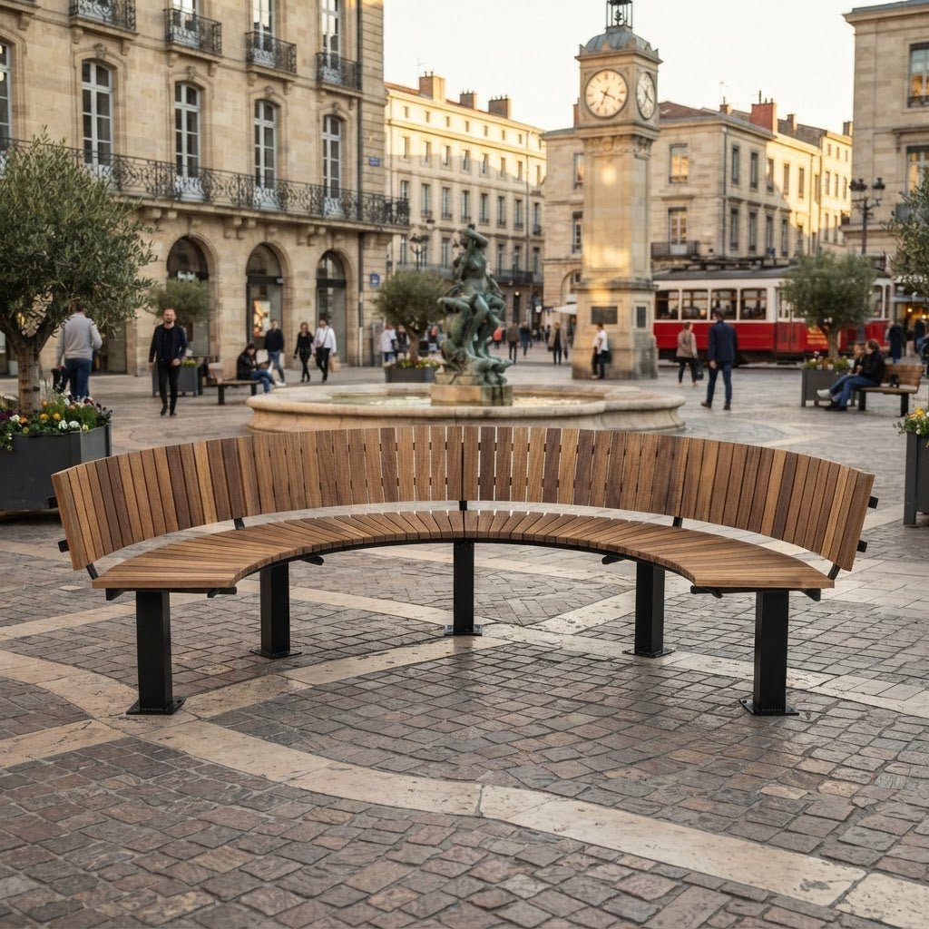 A curved wooden outdoor bench with black metal legs situated in a European-style town square with a fountain, historic buildings, and a red tram in the background.