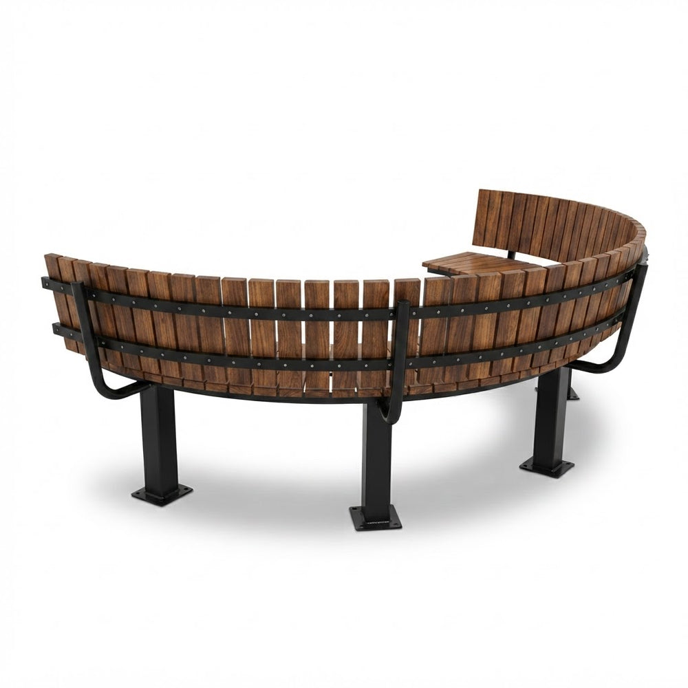 A curved outdoor bench with brown wooden slats and a black metal frame, shown on a clean white background.